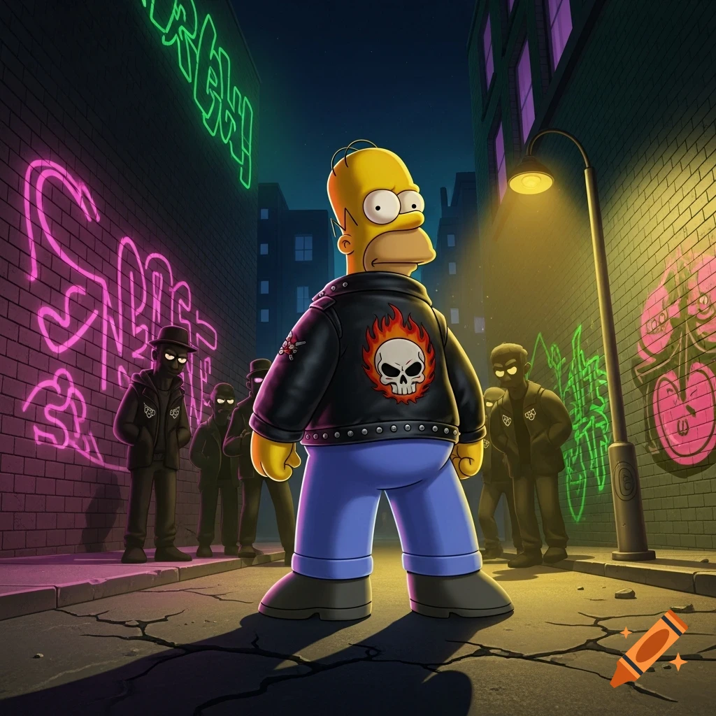 Homer Simpson in a biker jacket with a flaming skull, standing in a graffiti-covered alley at night, surrounded by shadowy figures.