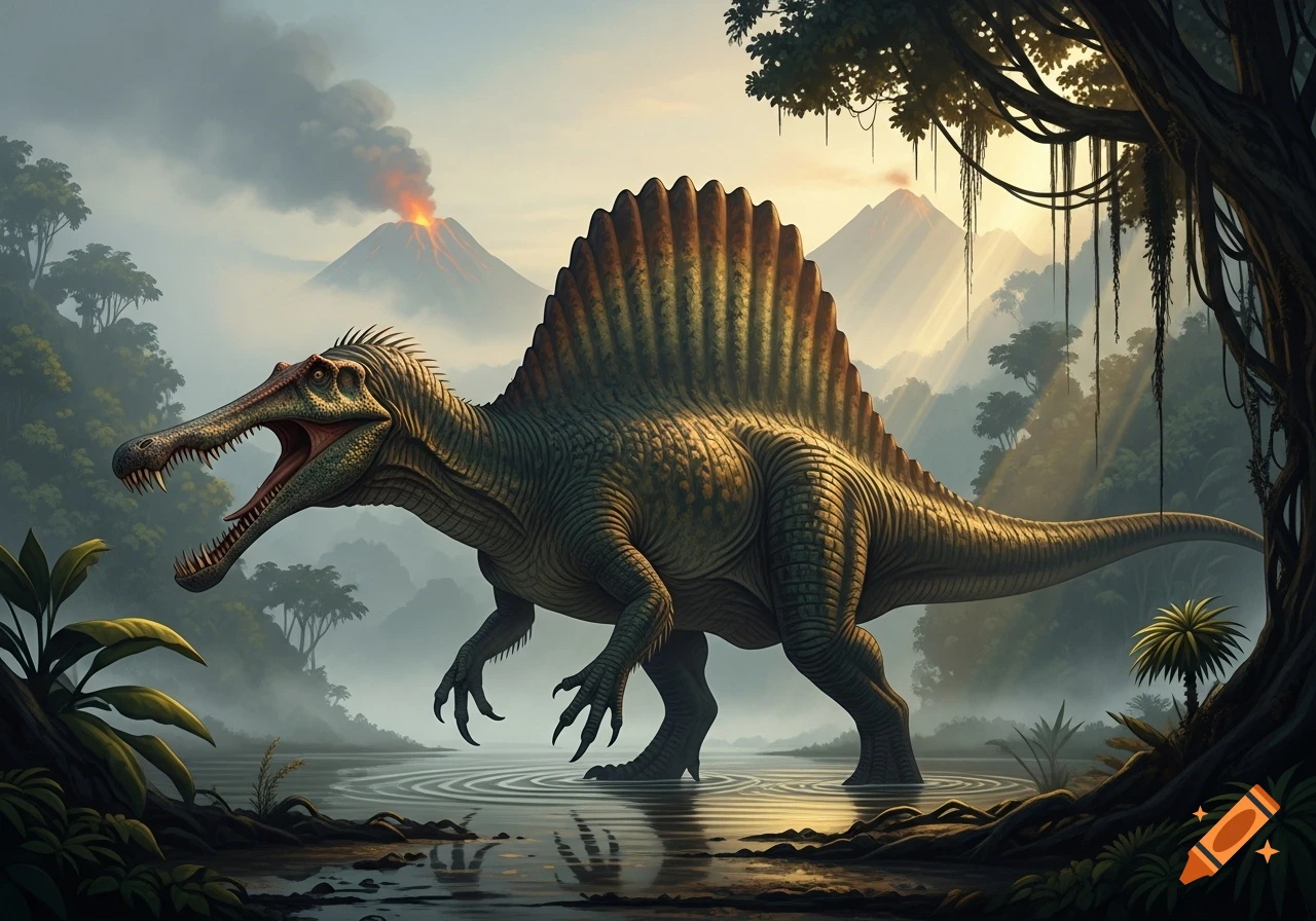 A large Spinosaurus stands in shallow water in a prehistoric jungle with erupting volcanoes and sunbeams.