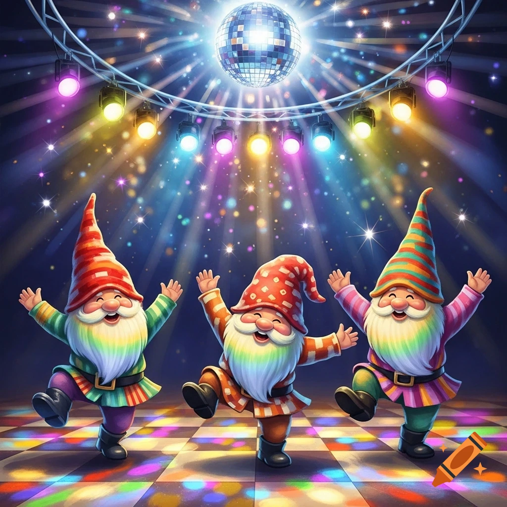 Three happy gnomes with striped hats and rainbow beards dance on a colorful disco floor under a bright disco ball and spotlights.