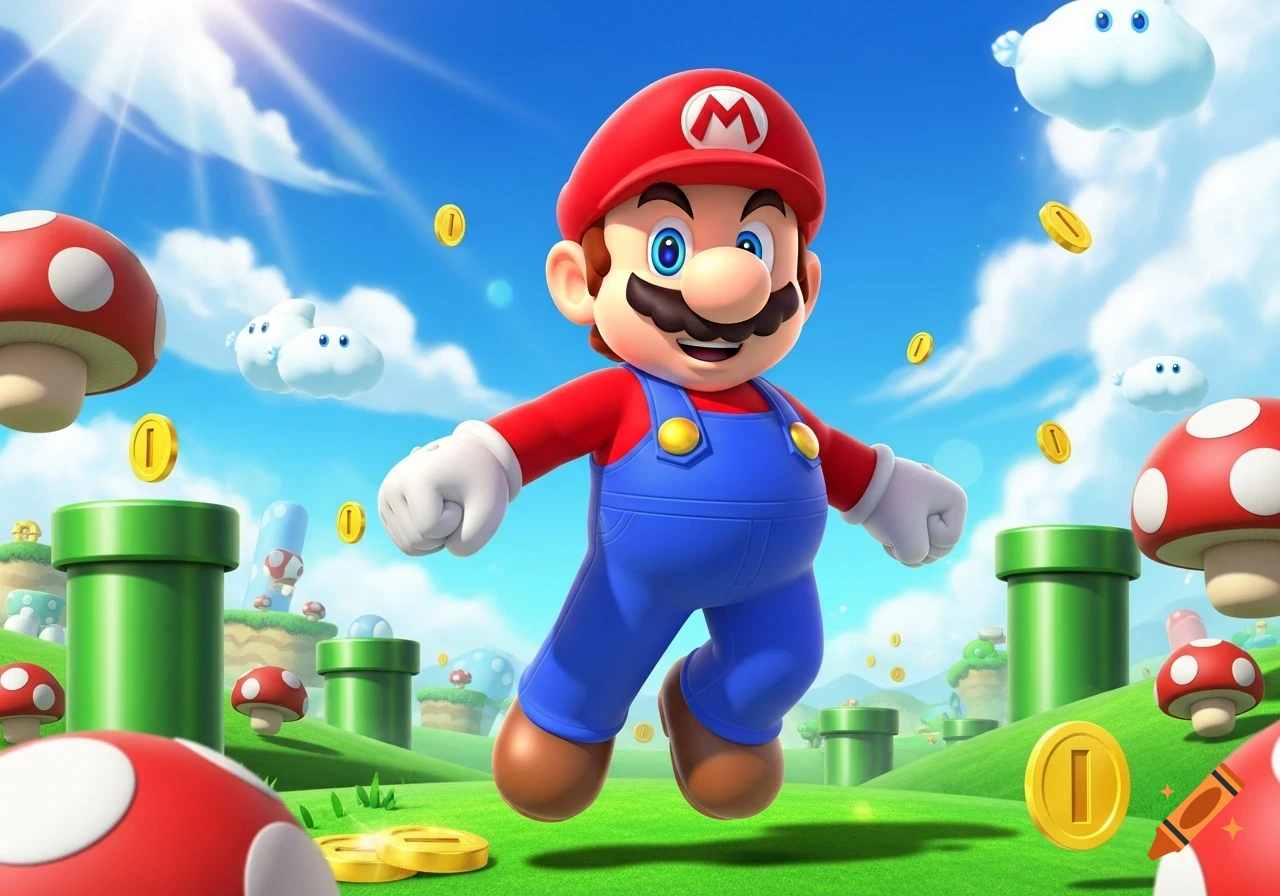 Mario jumps in a vibrant, sunny green landscape with green pipes, red mushrooms, blue clouds, and floating gold coins.