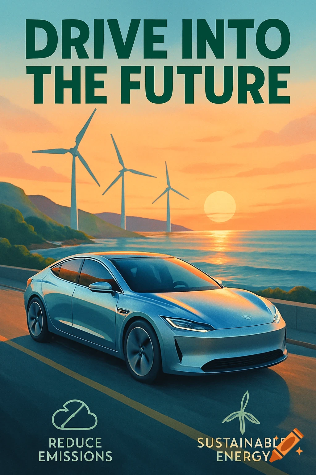 Sleek silver electric car on a coastal road at sunset with wind turbines on hills. Text: DRIVE INTO THE FUTURE, REDUCE EMISSIONS, SUSTAINABLE ENERGY.