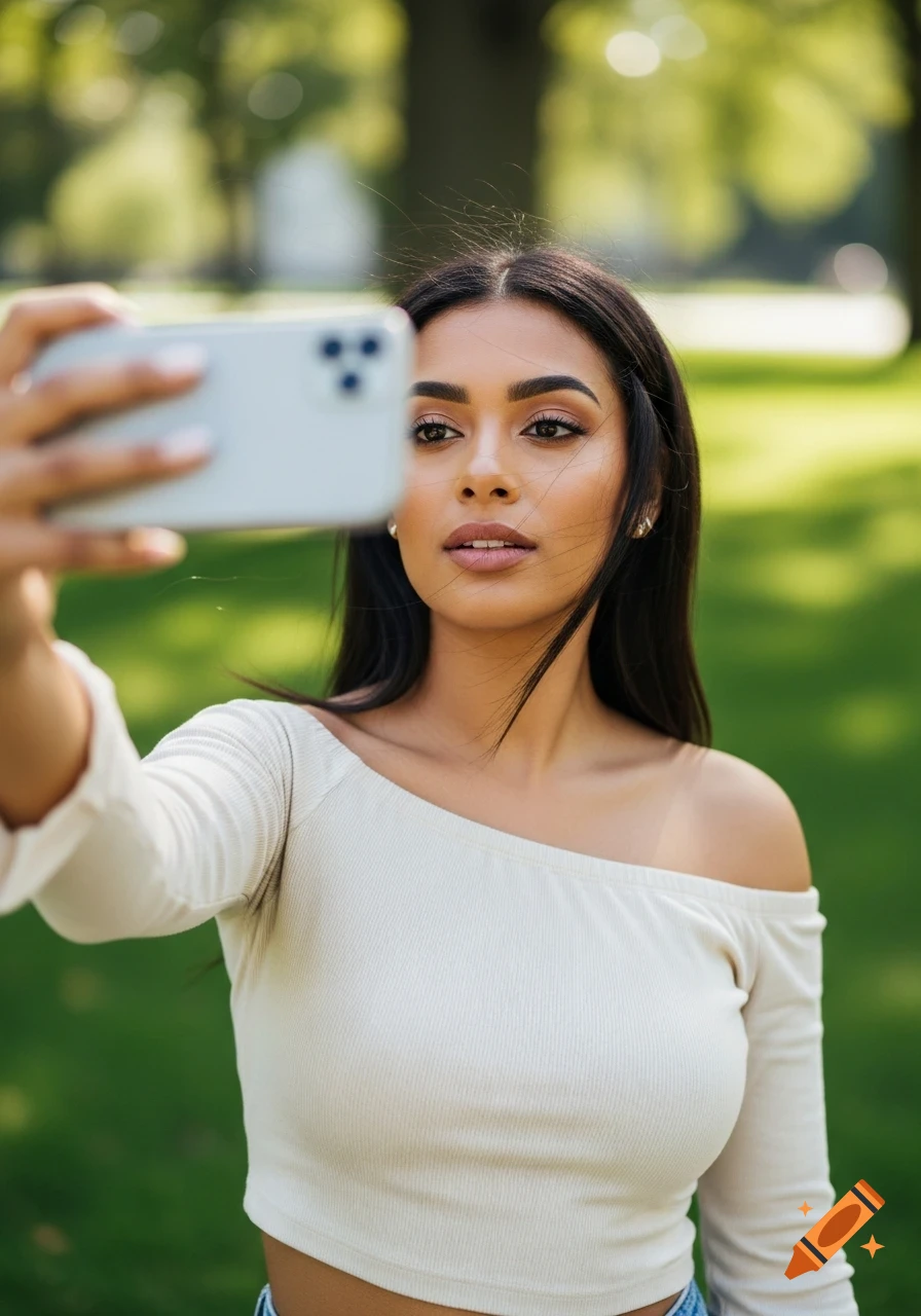 A young woman with long dark hair takes a selfie with her phone outdoors in a park. She wears an off-shoulder top and looks into the camera.
