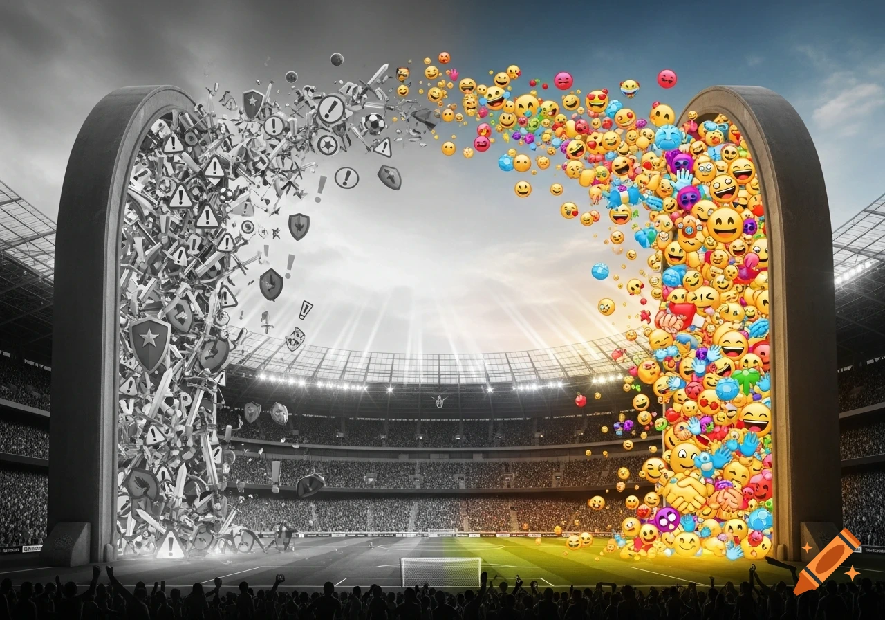 A stadium split in half by two portals. The left side is grayscale with warning symbols and weapons. The right side is colorful with smiling emojis and hands.
