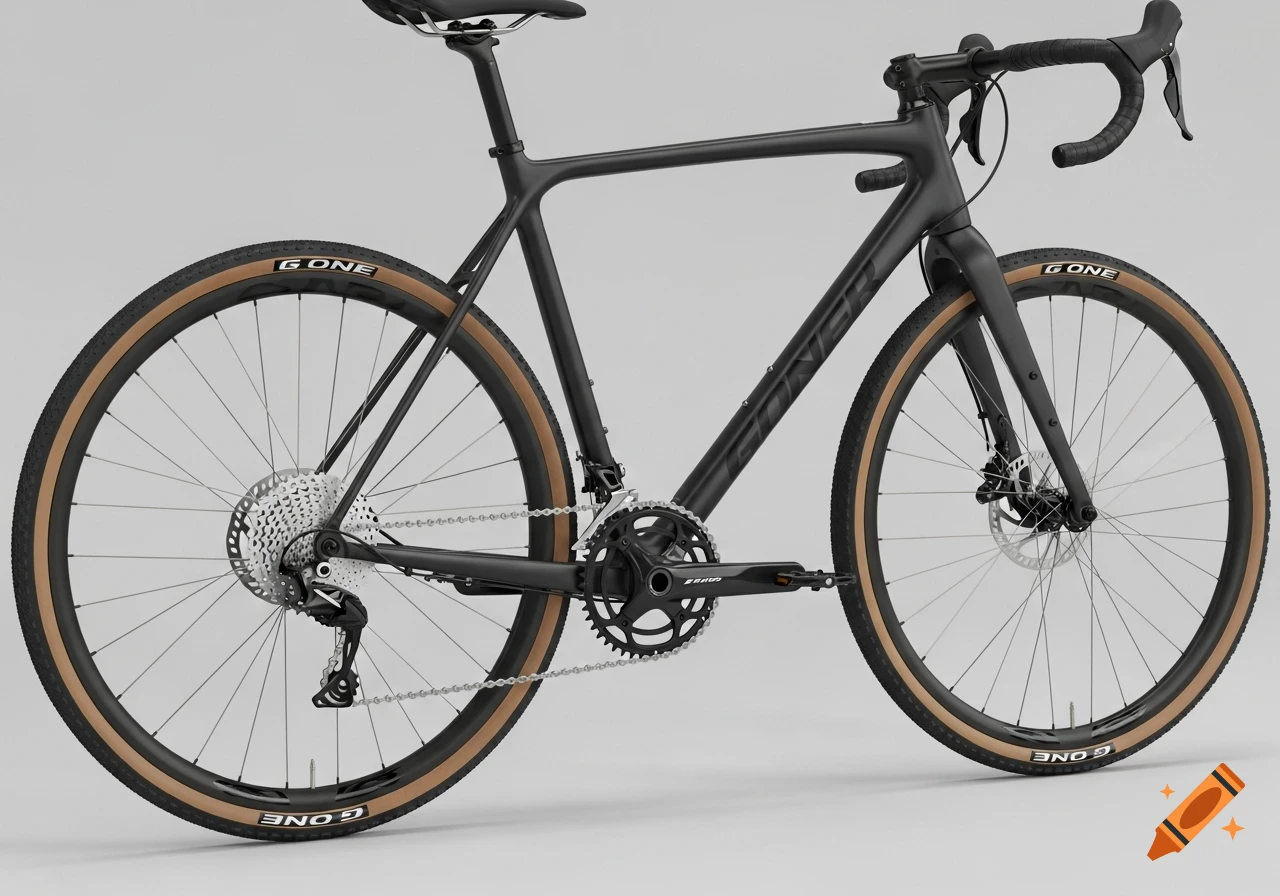 Matte black gravel bike with tan wall tires and silver drivetrain components on a plain background, photorealistic style.