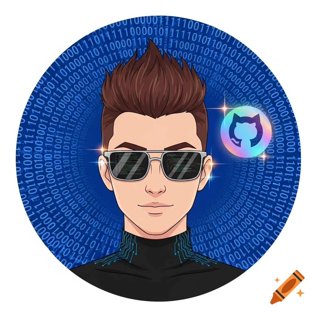A cartoon-style profile picture of a male developer wearing sunglasses with code reflections, against a blue background with binary code and a GitHub logo.