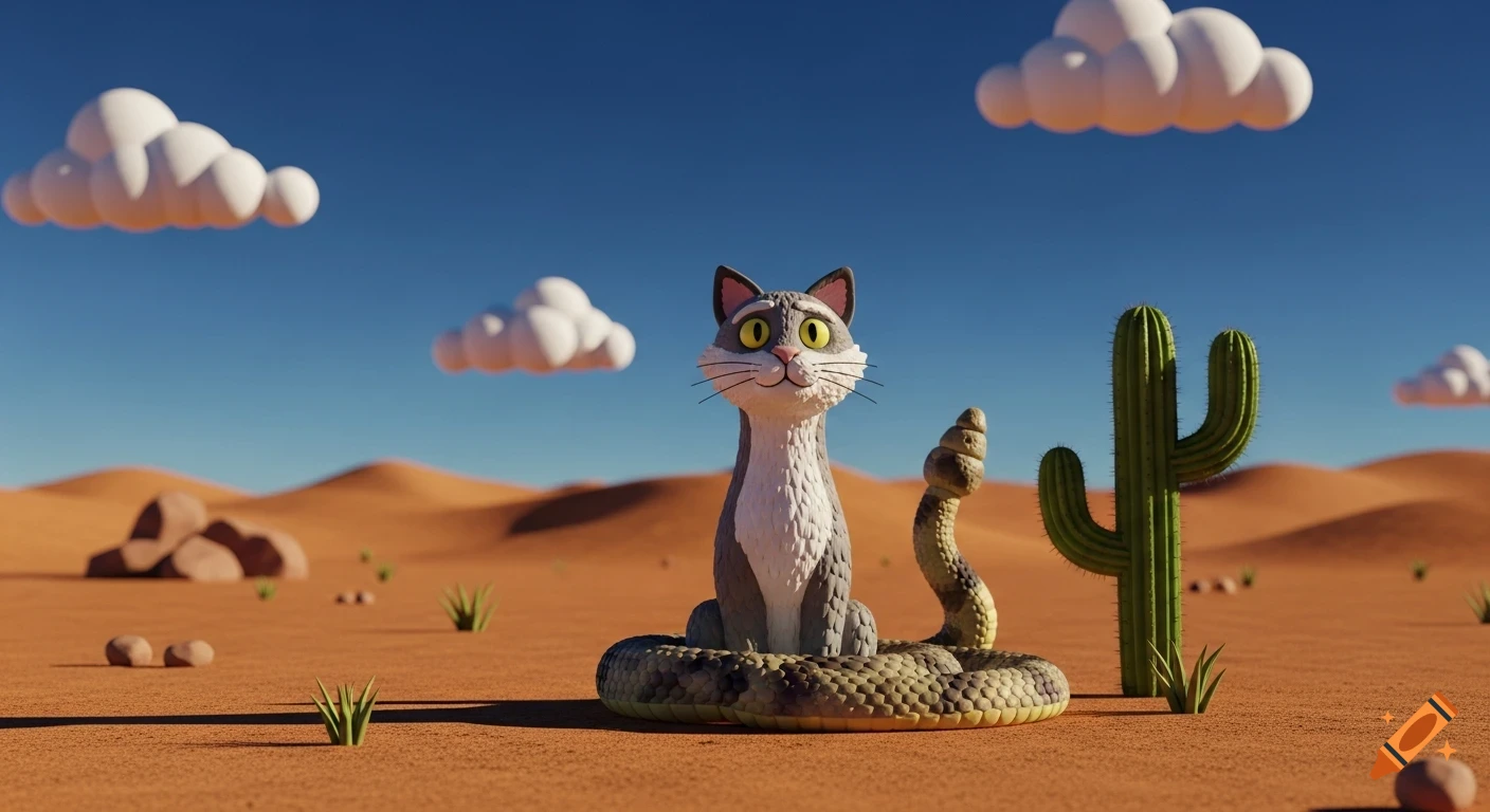 A 3D claymation-style hybrid cat-rattlesnake creature sits on the sand in a desert with a cactus and puffy white clouds.