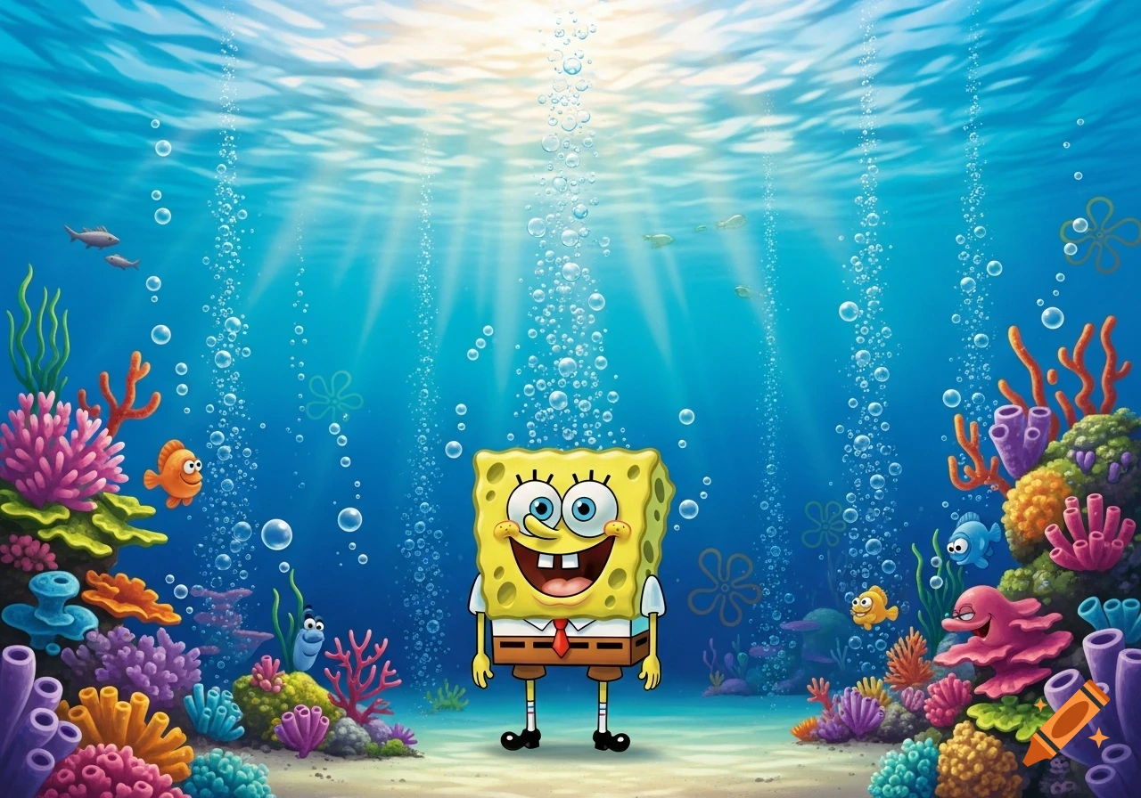 Spongebob Squarepants smiles happily in a vibrant cartoon underwater scene with colorful coral, fish, and bubbles.