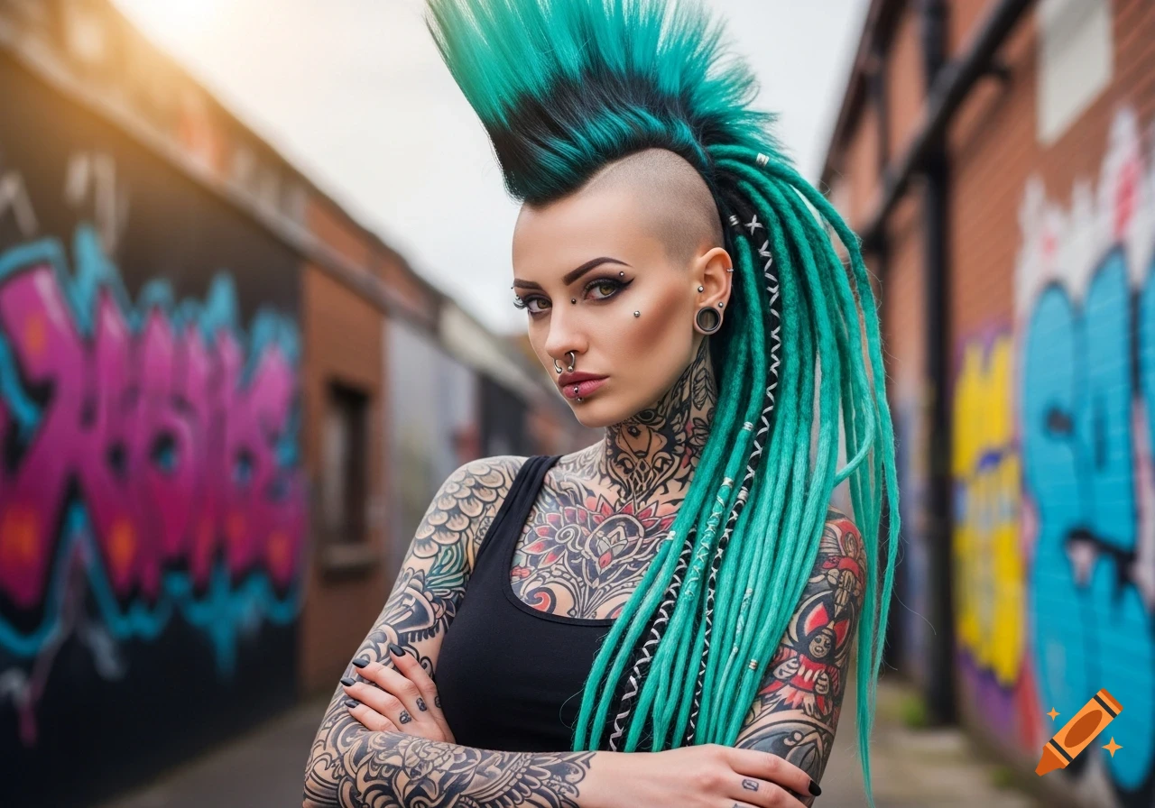 A woman with a vibrant teal mohawk and dreadlocks, covered in tattoos and piercings, poses in a graffiti-covered urban alley.
