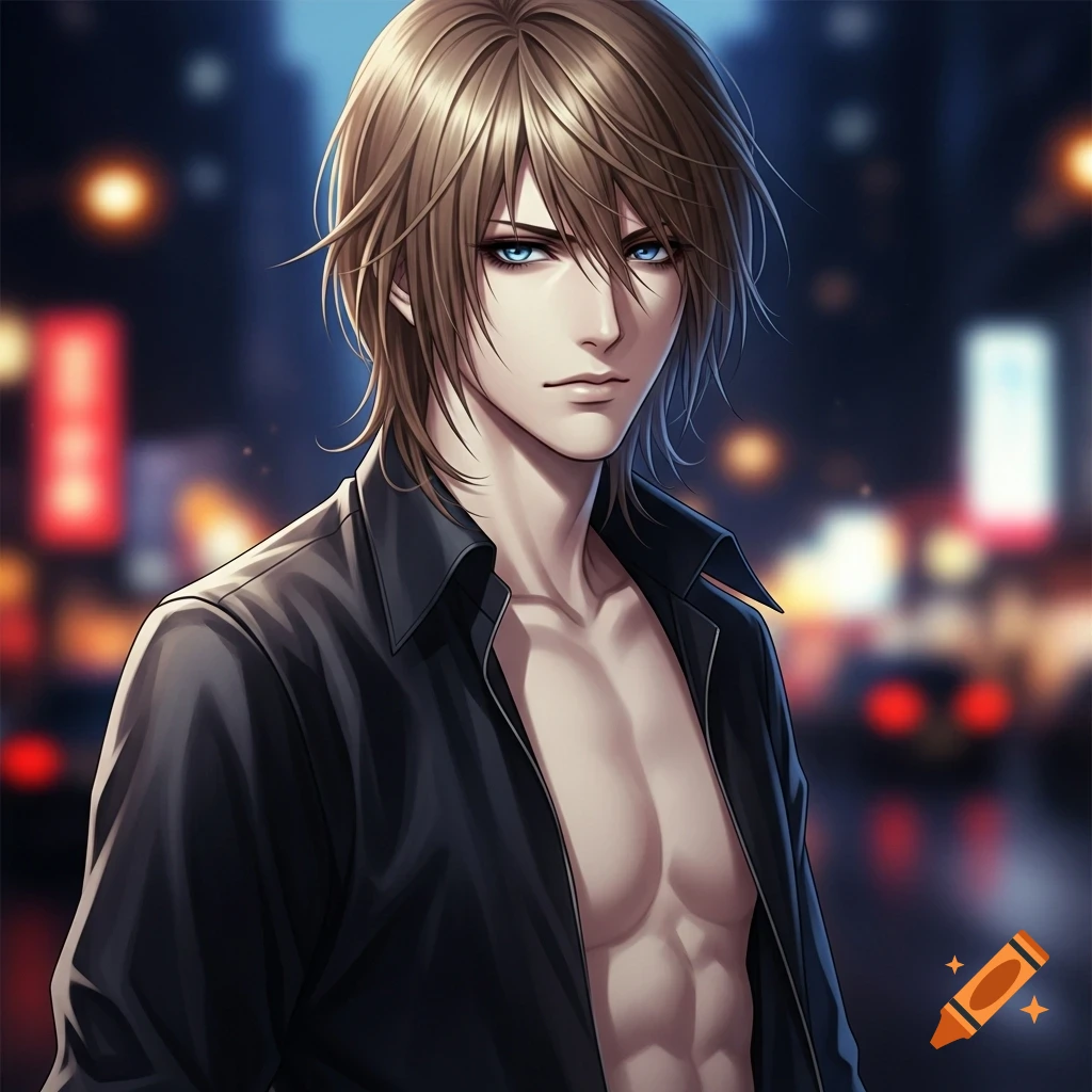 Handsome anime boy with light brown hair, blue eyes, and an open black shirt against a blurred city lights background.