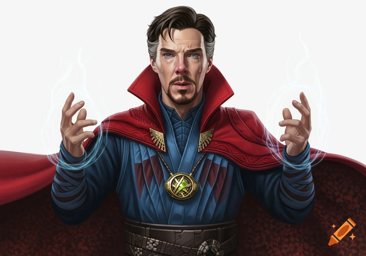 Illustration of a crying Doctor Strange in his red cape and blue tunic ...