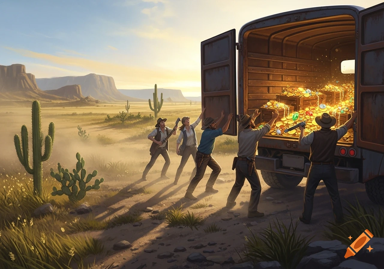 Cowboys looking at a truck full of gold in a desert landscape at sunset.