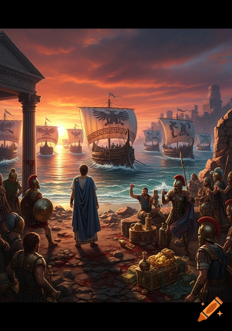 Ancient soldiers and a robed figure on a beach observe a fleet of galleys under a dramatic sunset, with treasures on the sand.