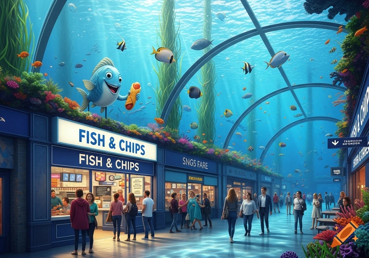 A vibrant underwater aquarium station with people, shops, and a cartoon fish mascot holding a sausage roll above a 'FISH & CHIPS' sign.