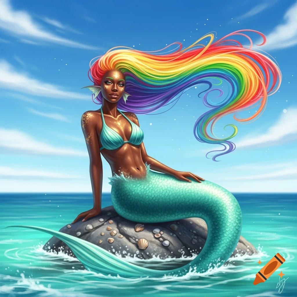 A dark-skinned mermaid with long, flowing rainbow hair and a teal fin sits on a rock in the ocean under a clear blue sky.
