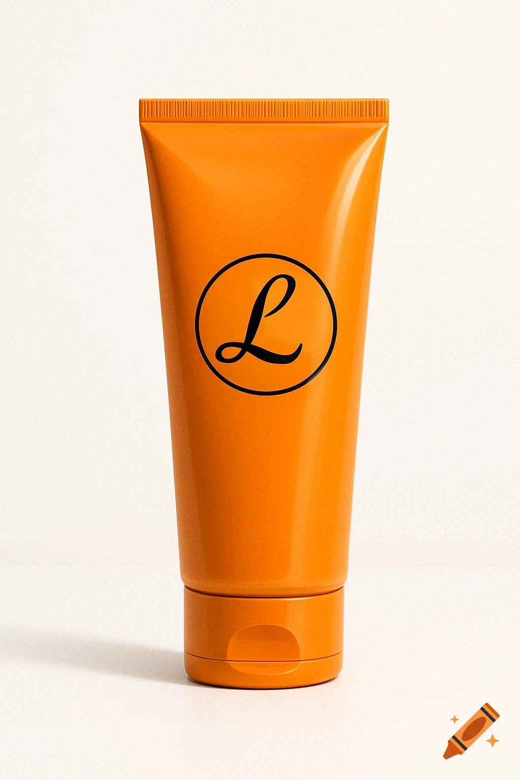 An orange squeeze tube, possibly for lotion or sunscreen, stands upright against a white background. It features a black stylized 'L' inside a black circle.