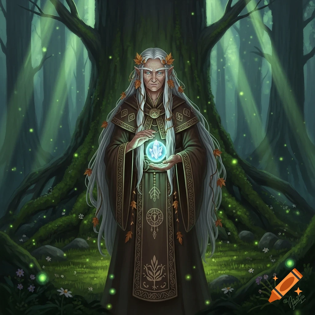 An elderly wood elven female sage with long white hair holds a glowing blue crystal in a magical forest.