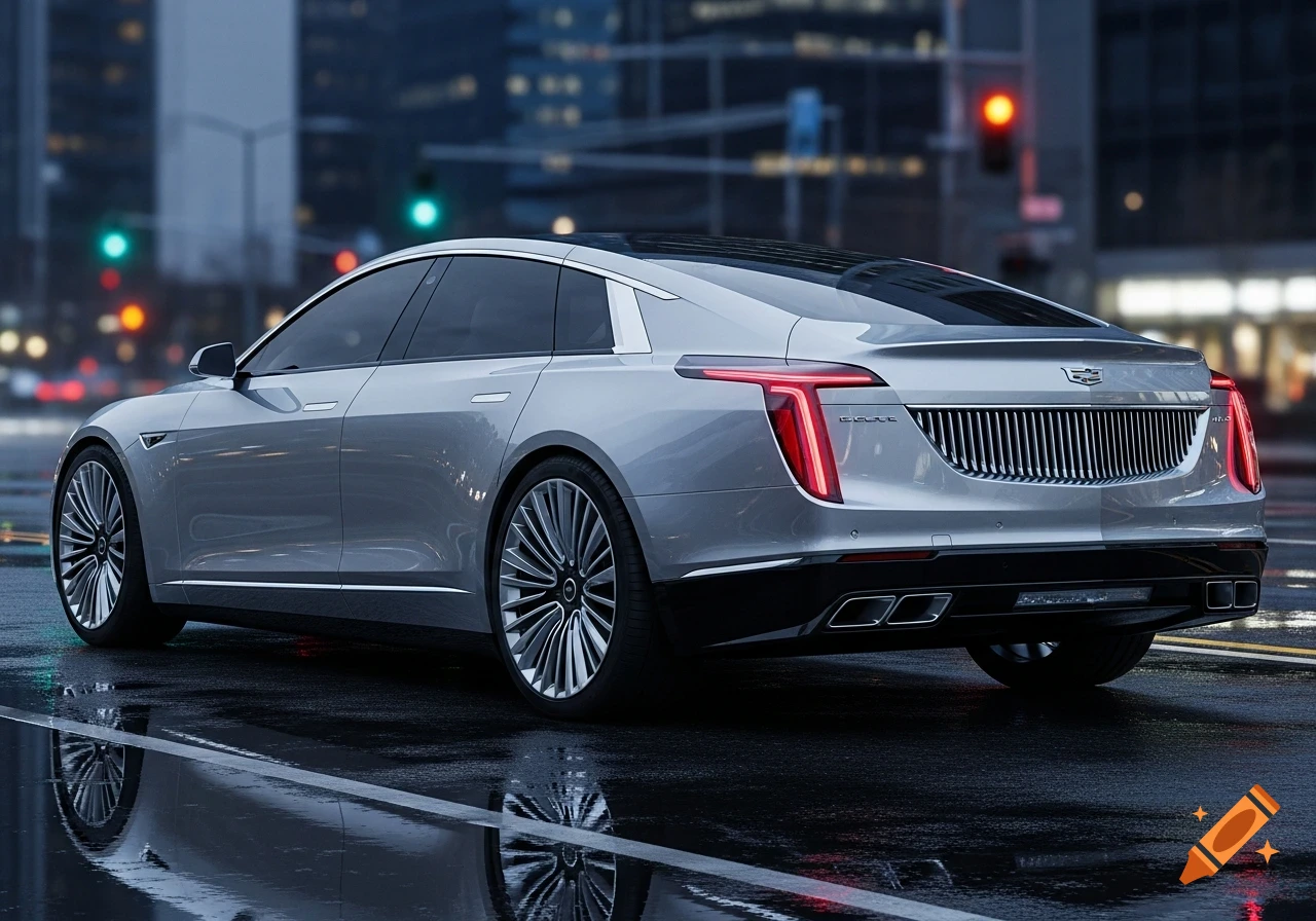 A sleek silver car, a hybrid of Tesla and Cadillac designs, sits on a wet city street at dusk, with glowing taillights and reflections.