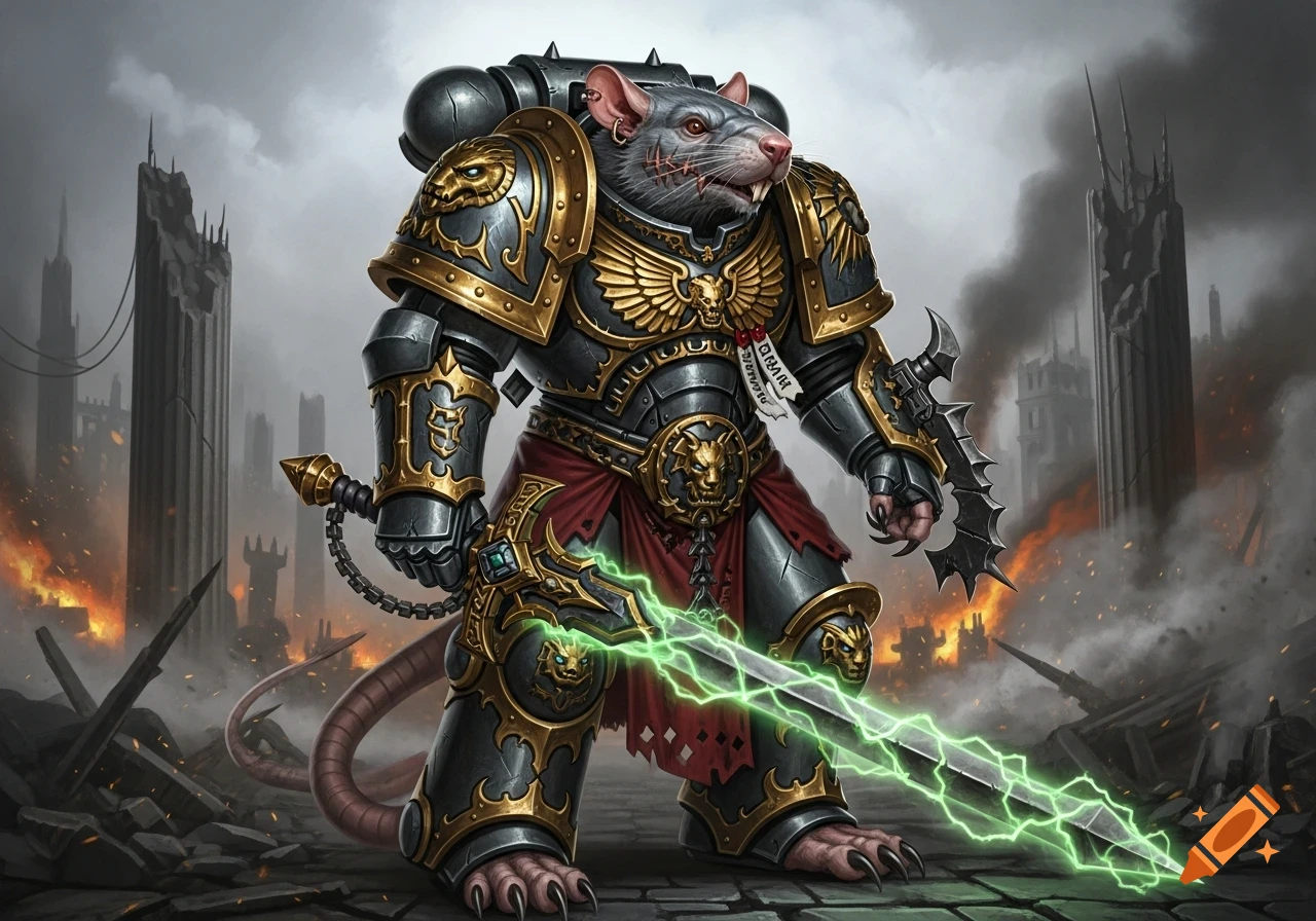 An armored rat, in Warhammer 40k style power armor, stands amidst a destroyed city, holding a glowing green energy sword and a spiked gauntlet.