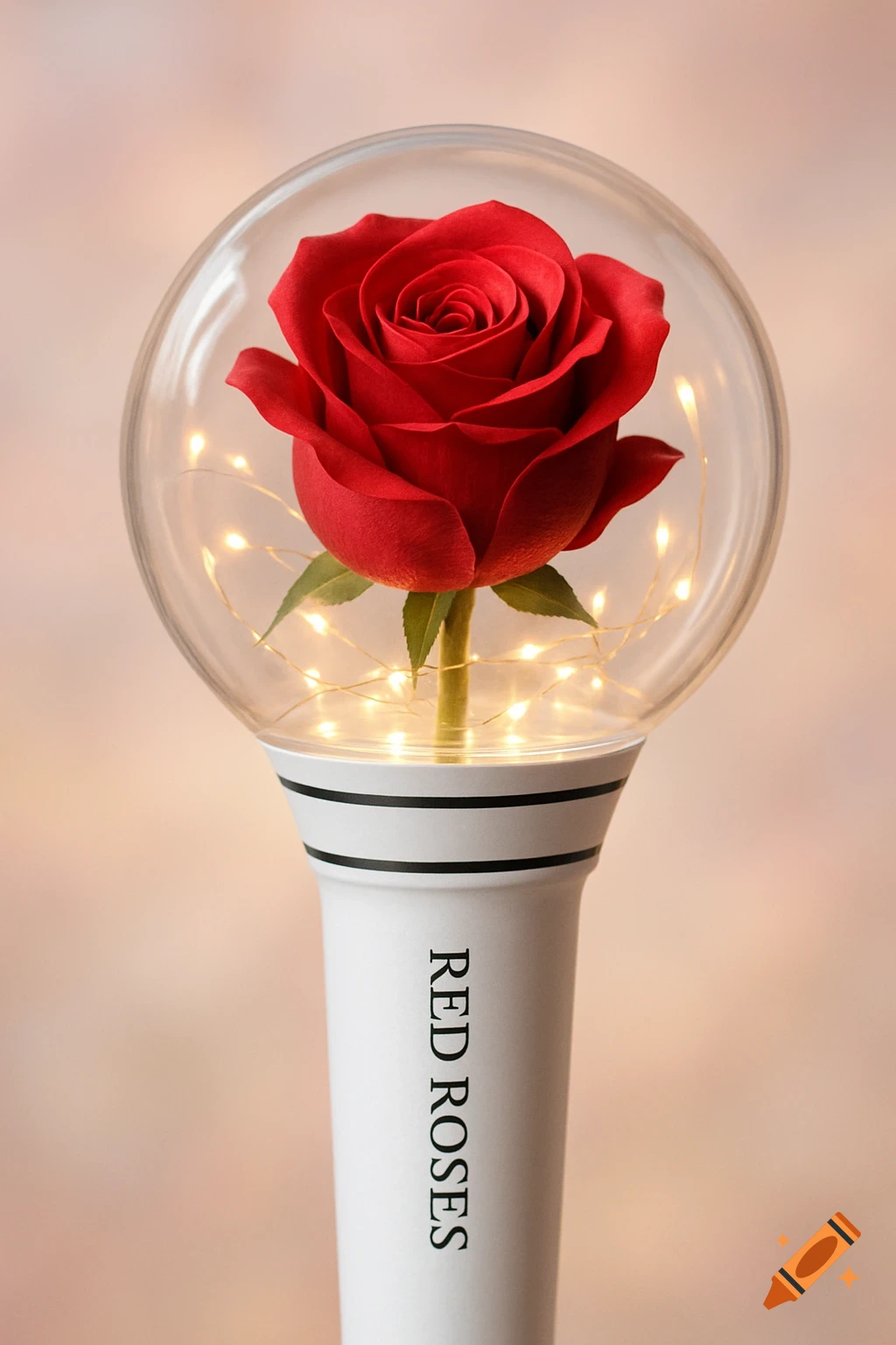 A white K-pop lightstick featuring a vibrant red rose and fairy lights encased in a clear globe, against a soft blurred background.