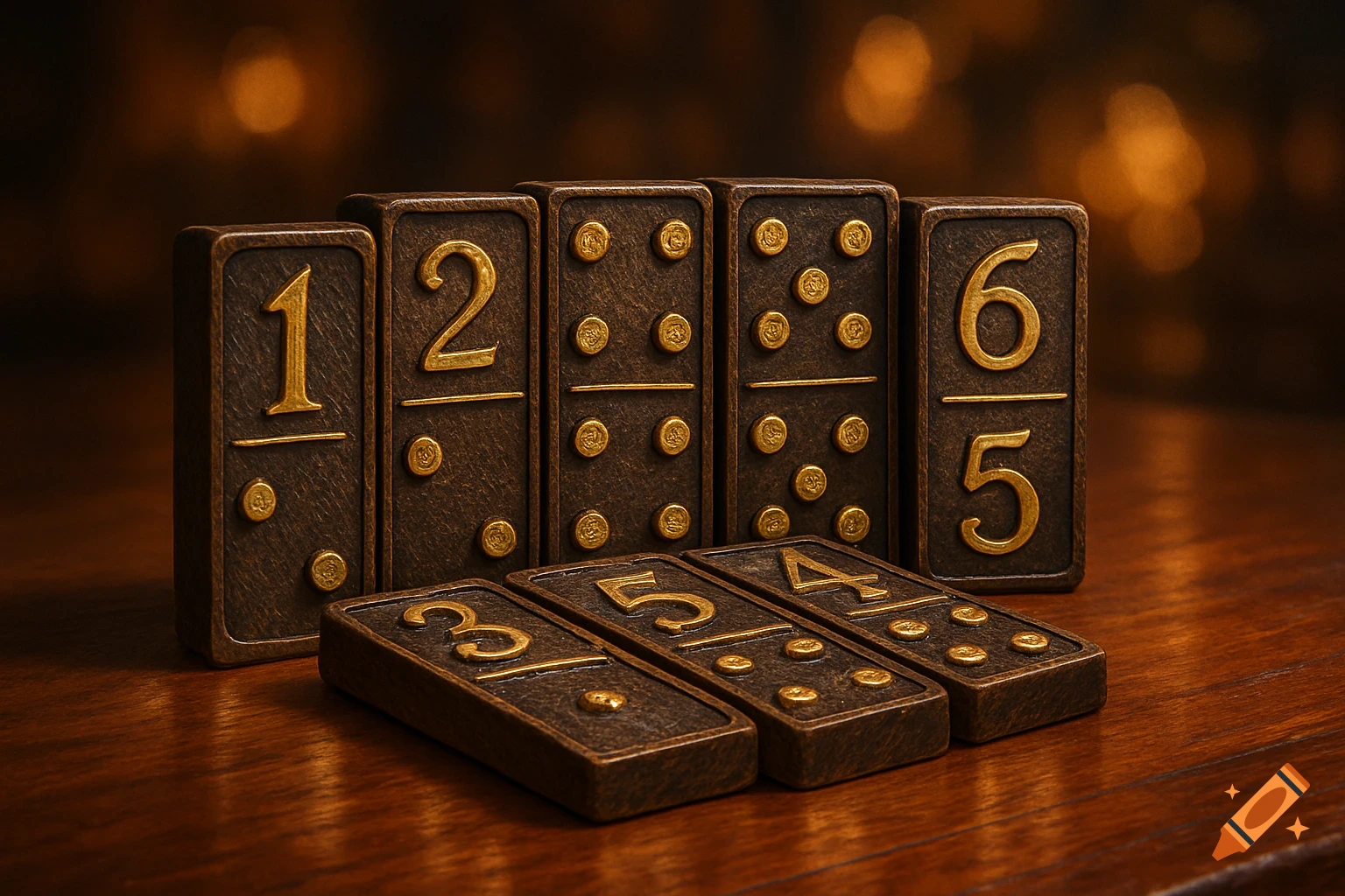 Close-up of old-fashioned wooden domino tiles with gold numbers and pips, on a polished wooden table.