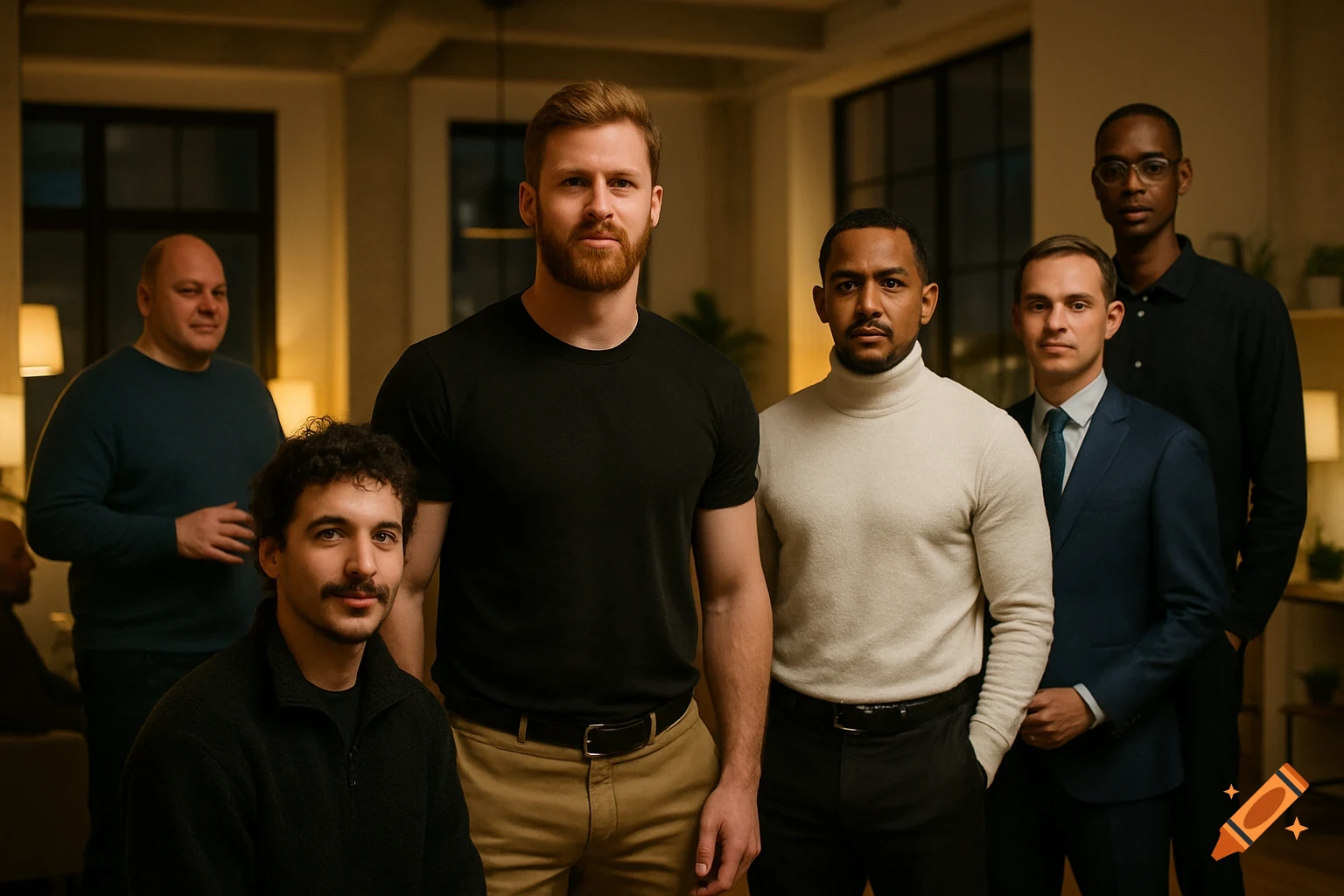 A group of six diverse men, dressed in casual and business attire, stand together in an indoor setting. The central man has a beard and wears a black t-shirt.