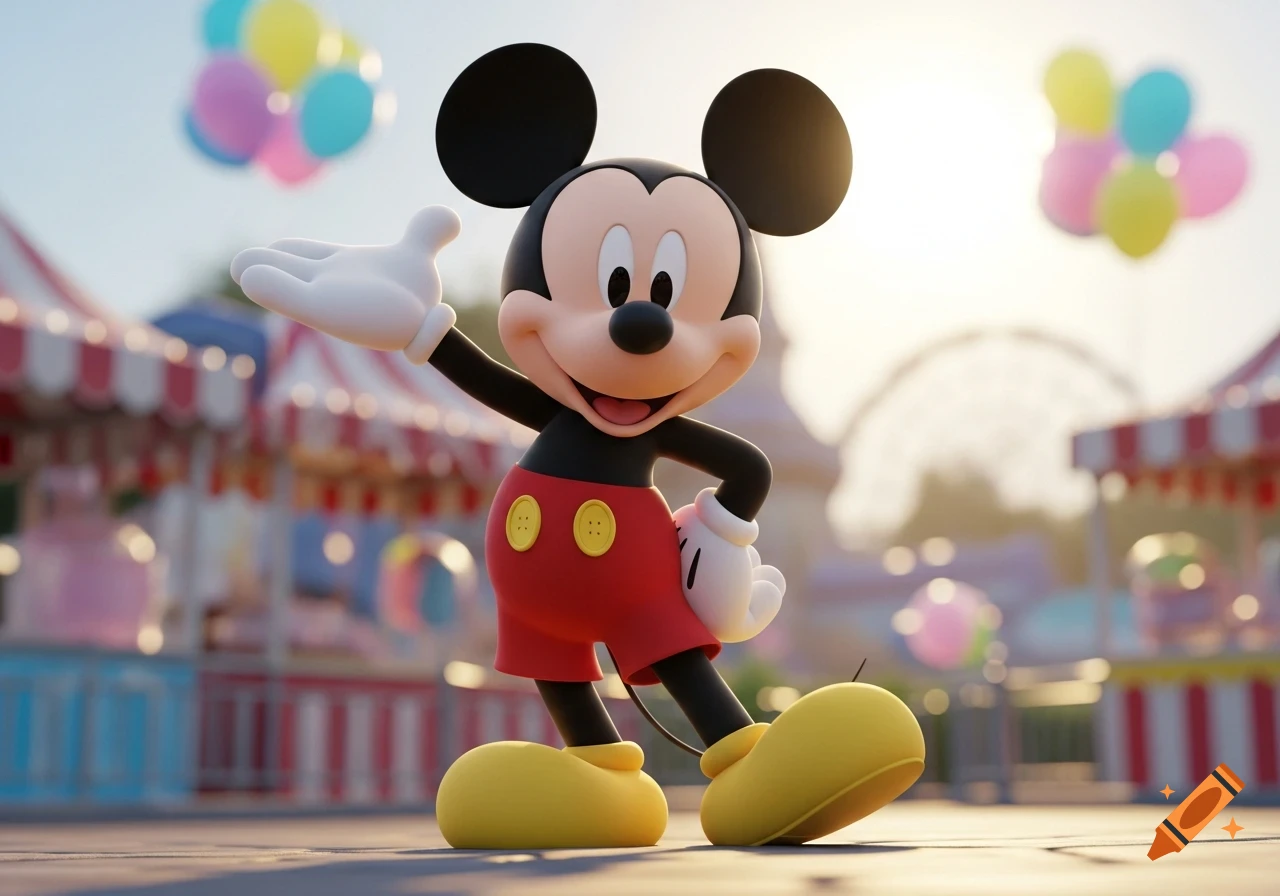 A 3D render of Mickey Mouse happily waving in a vibrant amusement park with colorful balloons and fair tents.