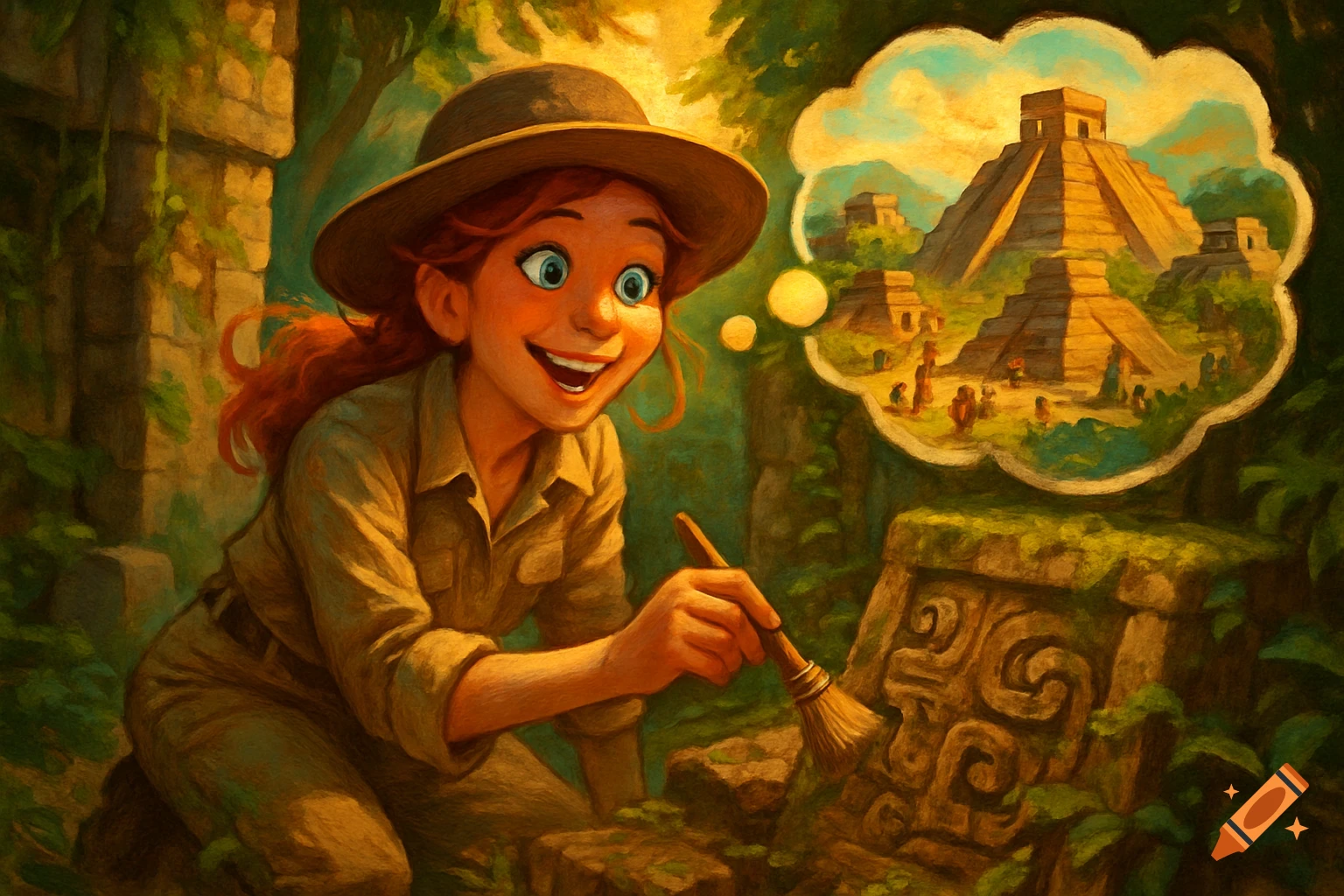 A happy, red-haired cartoon archaeologist in a jungle brushes a stone tablet while dreaming of Mayan temples.