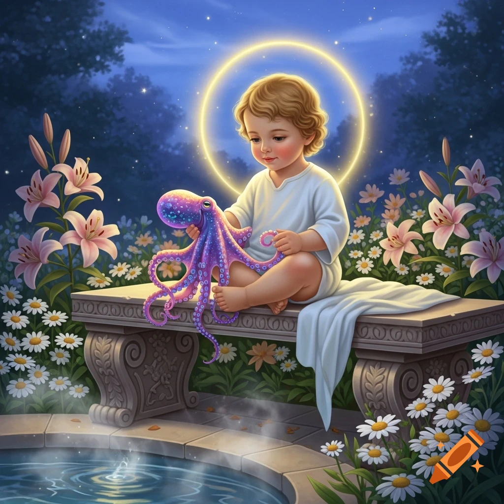 A baby with a halo sits on a stone bench in a moonlit garden, holding a sparkling purple octopus, surrounded by lilies and daisies.