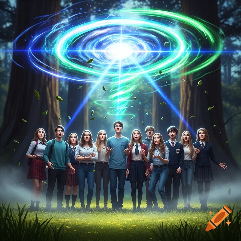Diverse high school students gaze up at a swirling blue-green energy vortex in a forest, photorealistic.