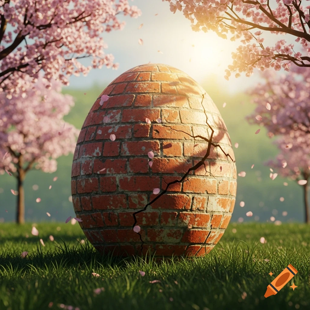 A large, cracked brick egg stands in a grassy field with pink cherry blossom trees under a bright sun.