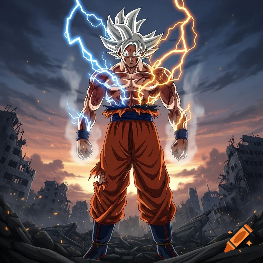 Goku in Ultra Instinct stands shirtless in a destroyed city, surrounded by blue and orange lightning, in an anime art style.