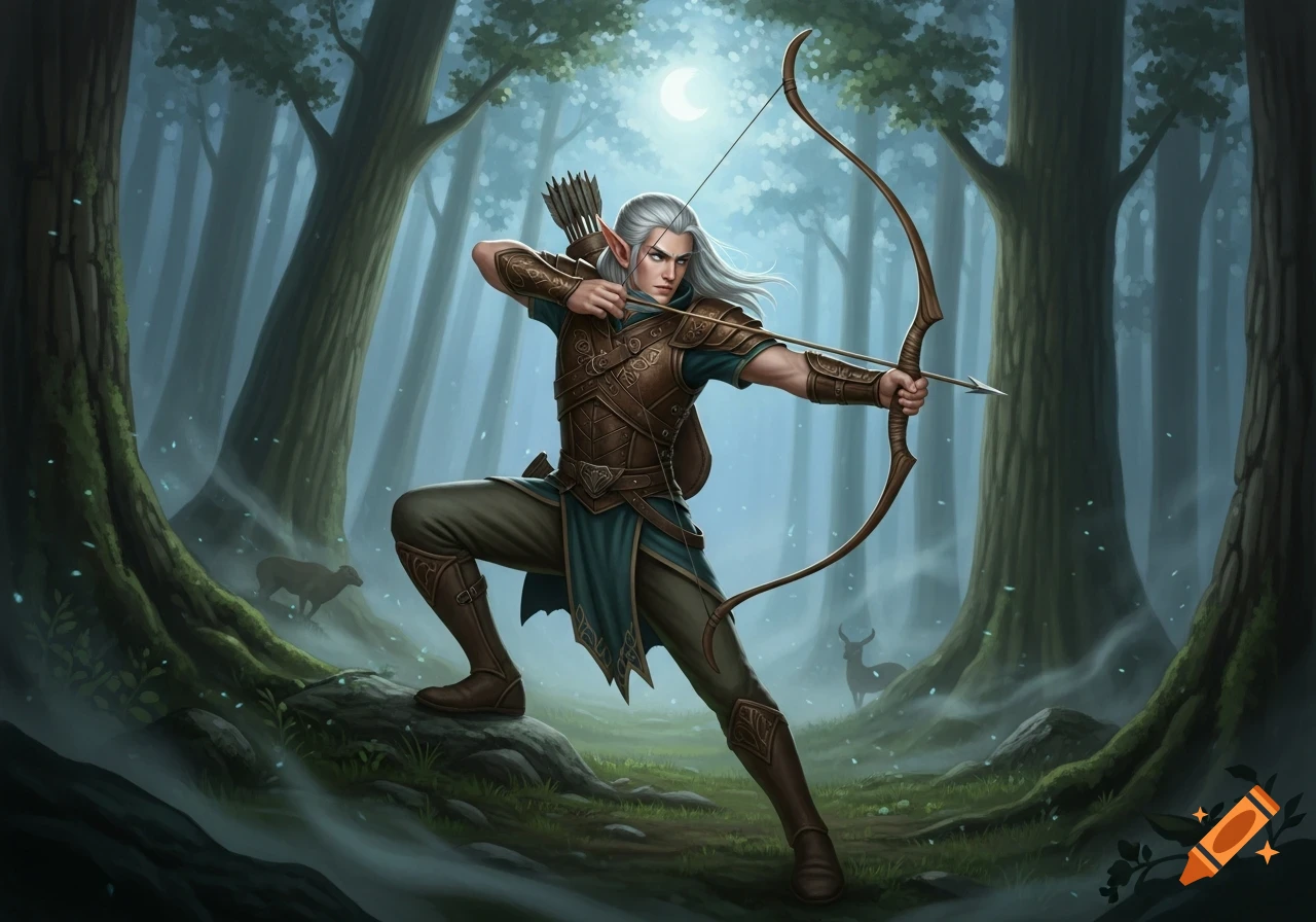 A male elf archer with long white hair aims his bow in a mystical forest under a crescent moon.