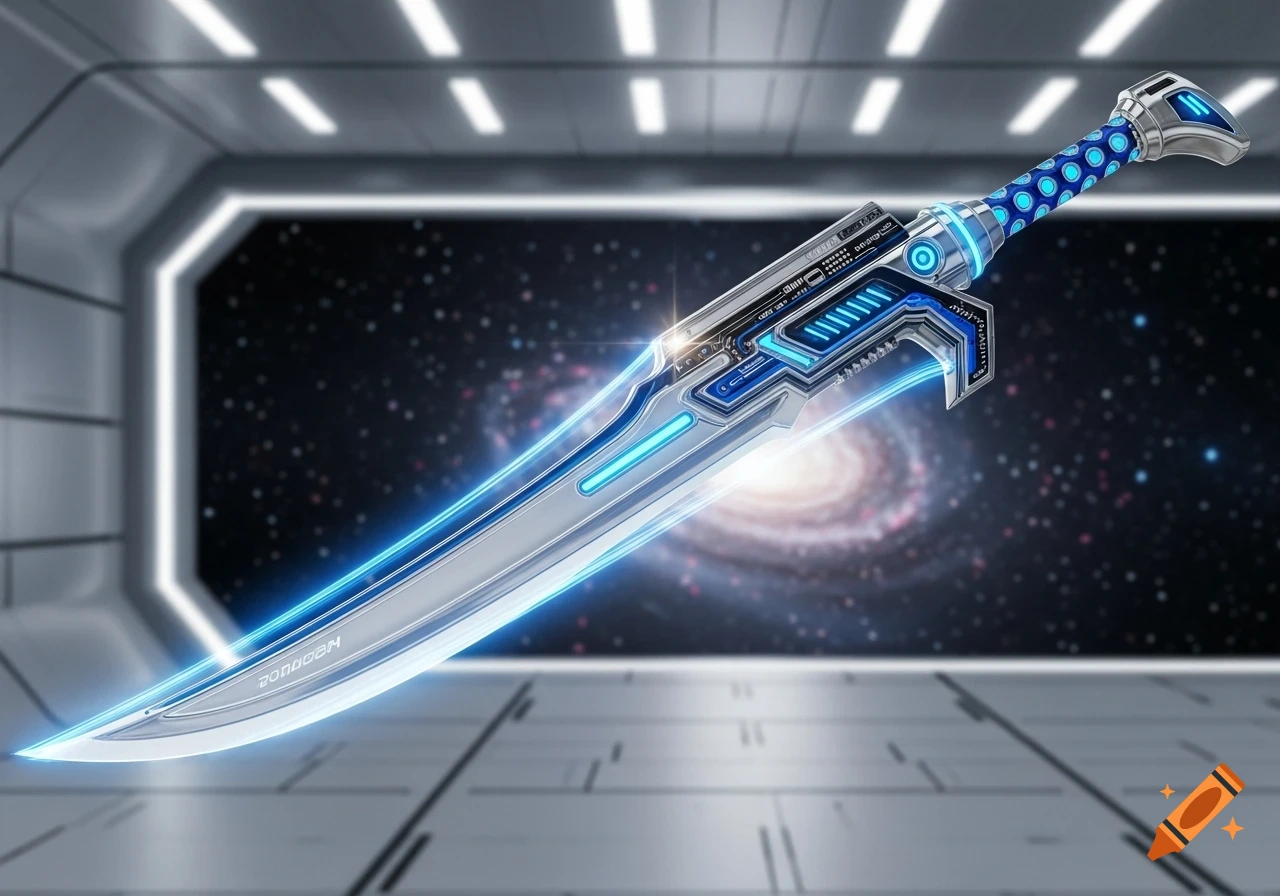 A glowing blue and silver futuristic sword with intricate details, set in a sci-fi spaceship interior with a galaxy visible outside.
