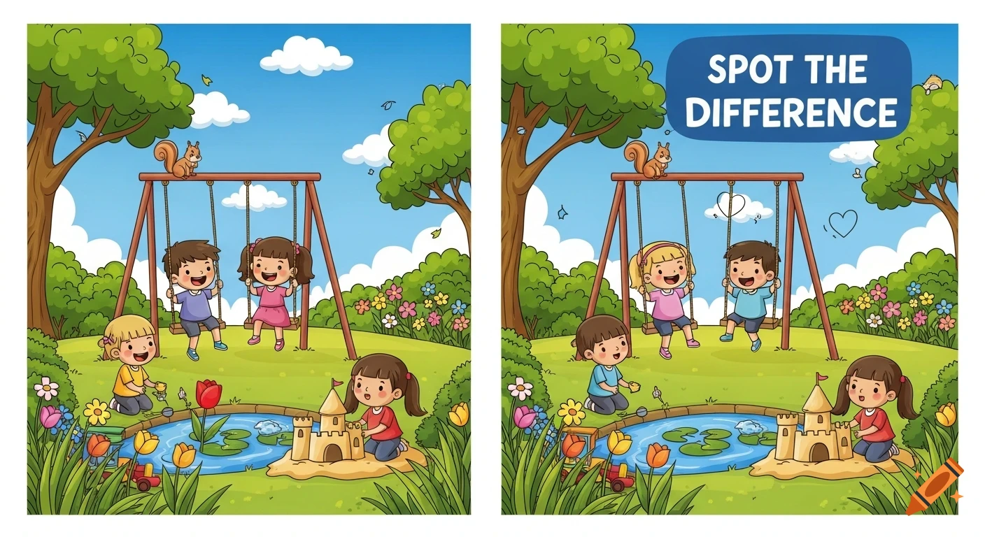 Cartoon 'Spot the Difference' game featuring two side-by-side park scenes with children playing on swings, building a sandcastle, and near a pond.
