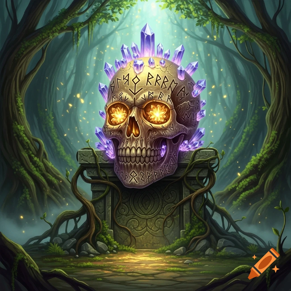 A glowing, crystal-encrusted fantasy skull with runes sits on a stone pedestal in a lush, magical forest with light filtering through trees.