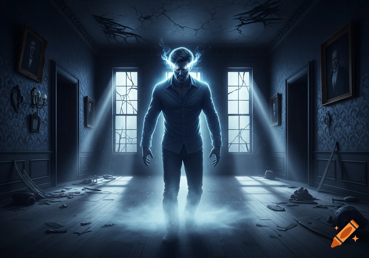 An angry, glowing blue male spirit stands in a dark, dilapidated room with broken windows, creating a supernatural and eerie atmosphere.