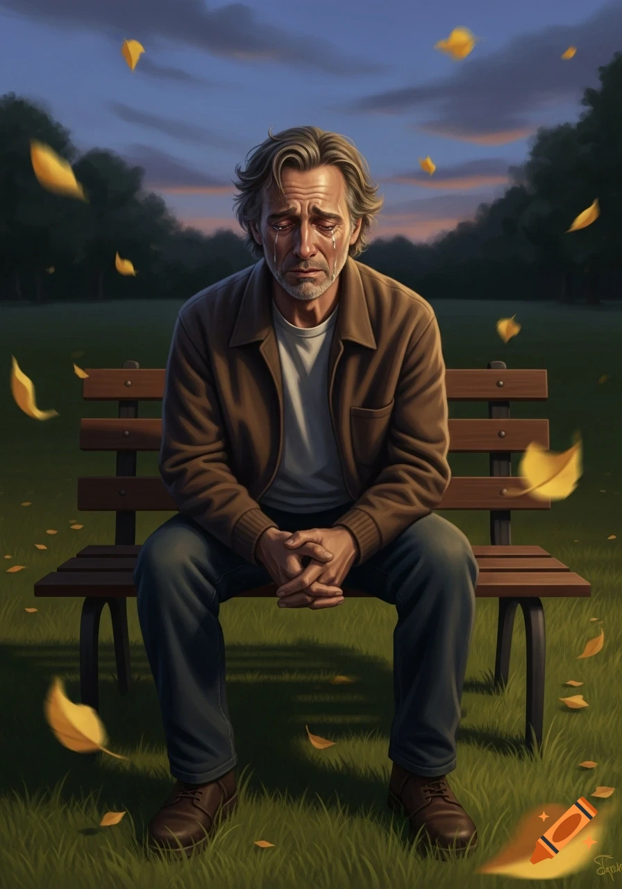 A sad man with graying hair sits on a park bench crying, his hands clasped, as golden leaves fall around him at dusk.