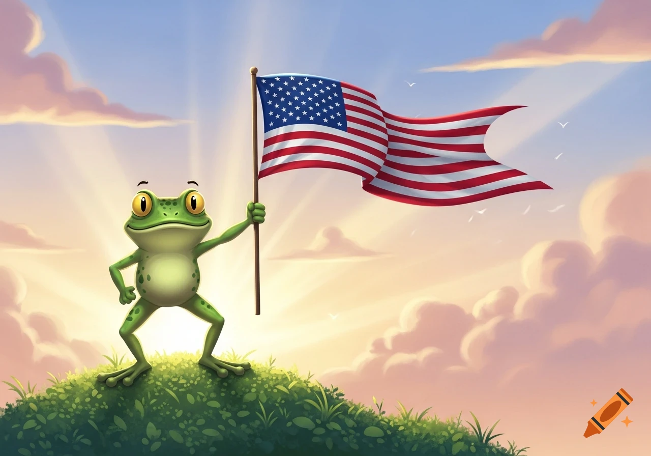 A proud cartoon frog stands on a grassy hill, holding a waving American flag against a sunset sky.