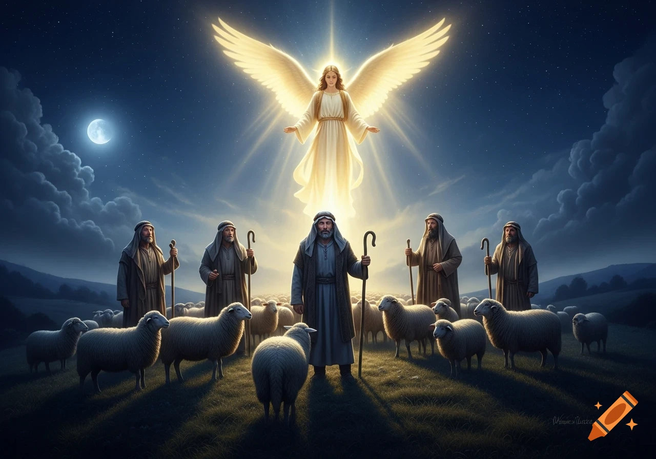 A radiant angel with large wings descends from a starry night sky, illuminating a group of shepherds and their sheep in a field.
