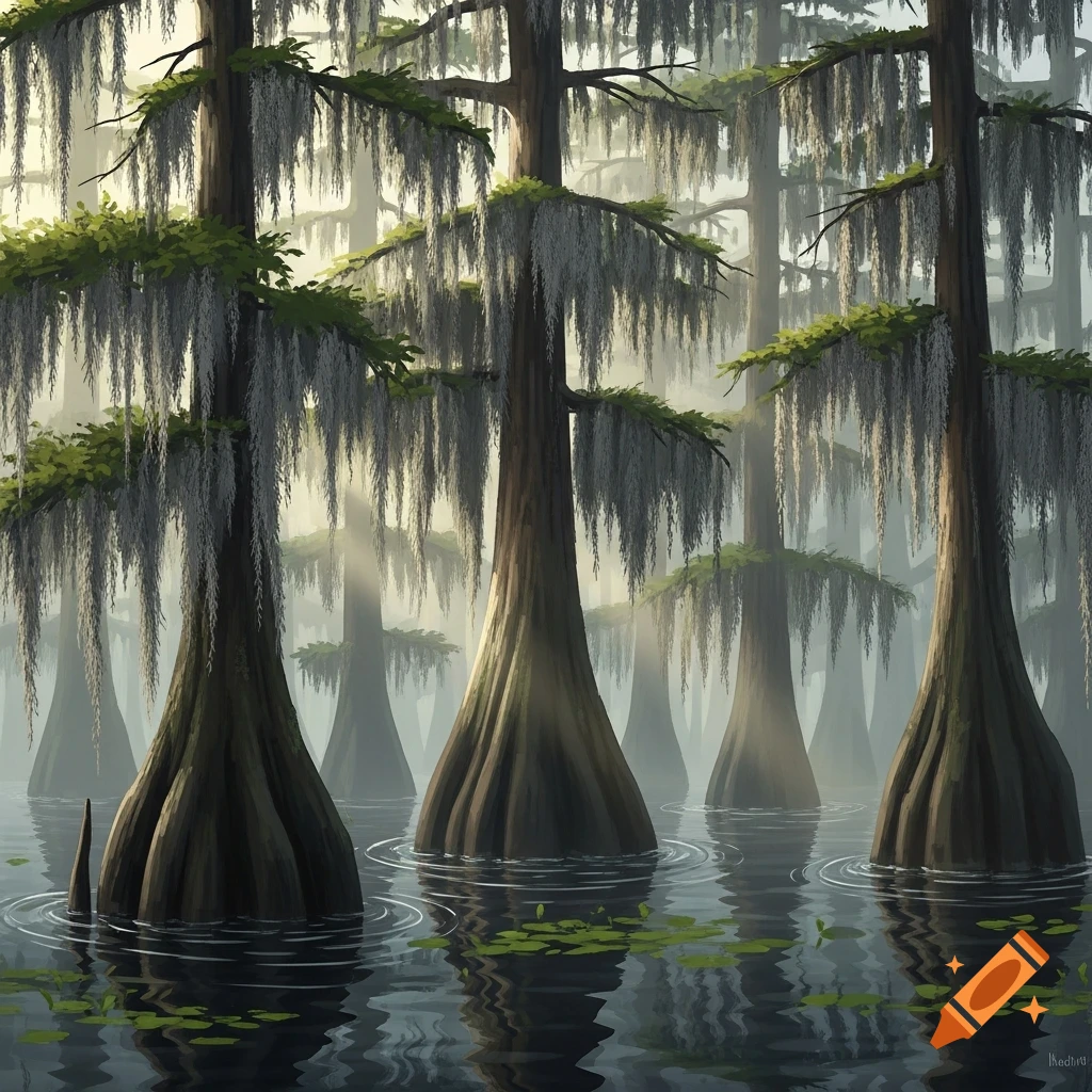Stylized illustration of tall, moss-draped cypress trees in a misty swamp with water reflections and lily pads.