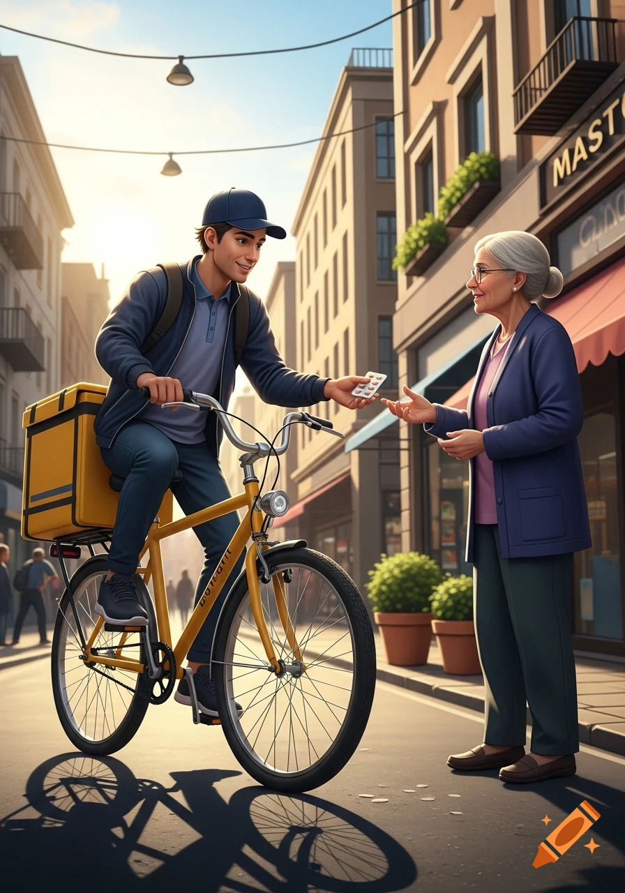 A young delivery man on a yellow bicycle hands a package of medicine to an elderly woman on a sunny city street.