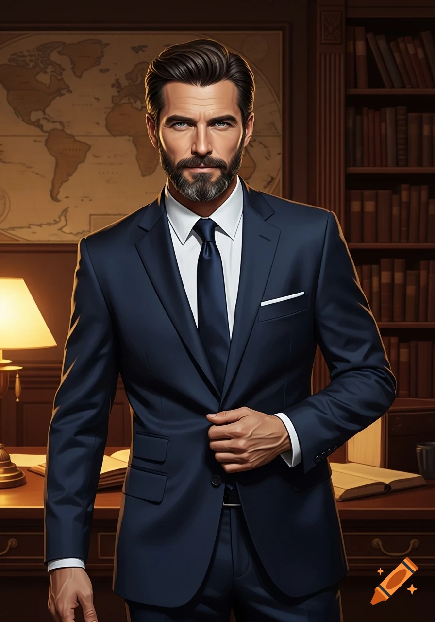 A handsome man with a beard and dark hair wearing a navy suit and tie, standing in a sophisticated office with a map and bookshelves.