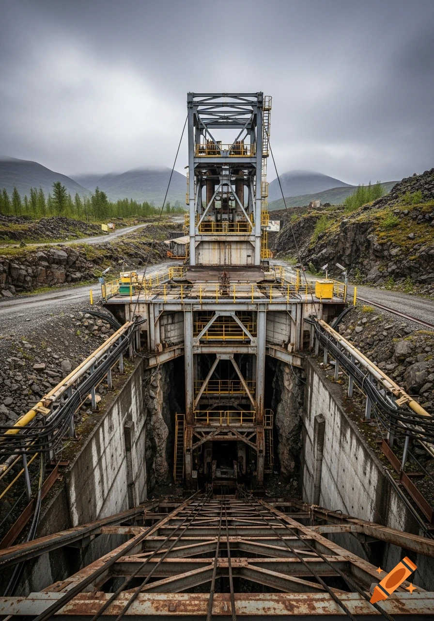 A photorealistic wide shot of a deep mine shaft entrance with a large steel headframe and tracks leading into the earth, surrounded by rocky terrain and mountains under a cloudy sky.