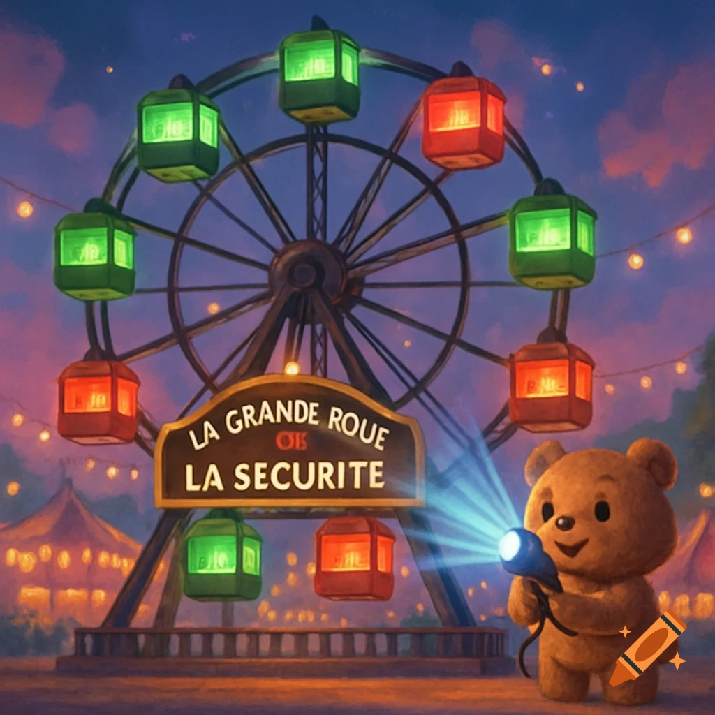 A cartoon teddy bear shines a flashlight at a colorful Ferris wheel in an amusement park at dusk, with text LA GRANDE ROUE LA SECURITE.