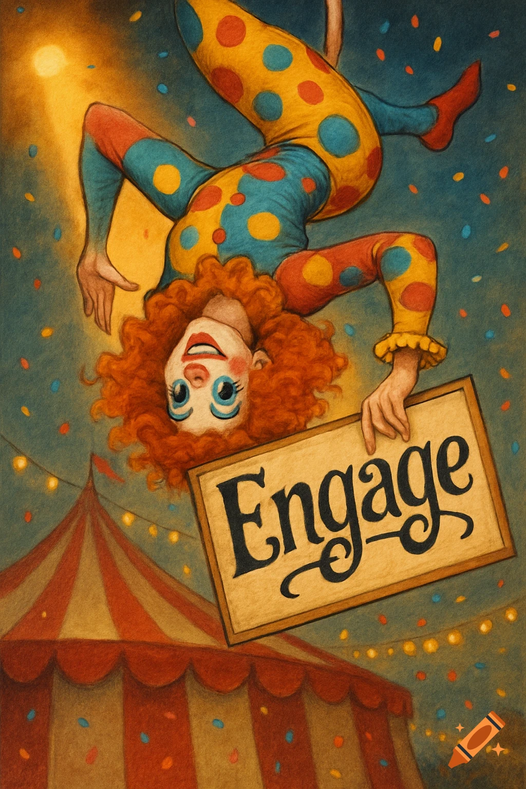 An upside-down clown with red hair in a polka-dot costume holds a sign saying "Engage" over a circus tent, in an illustration.