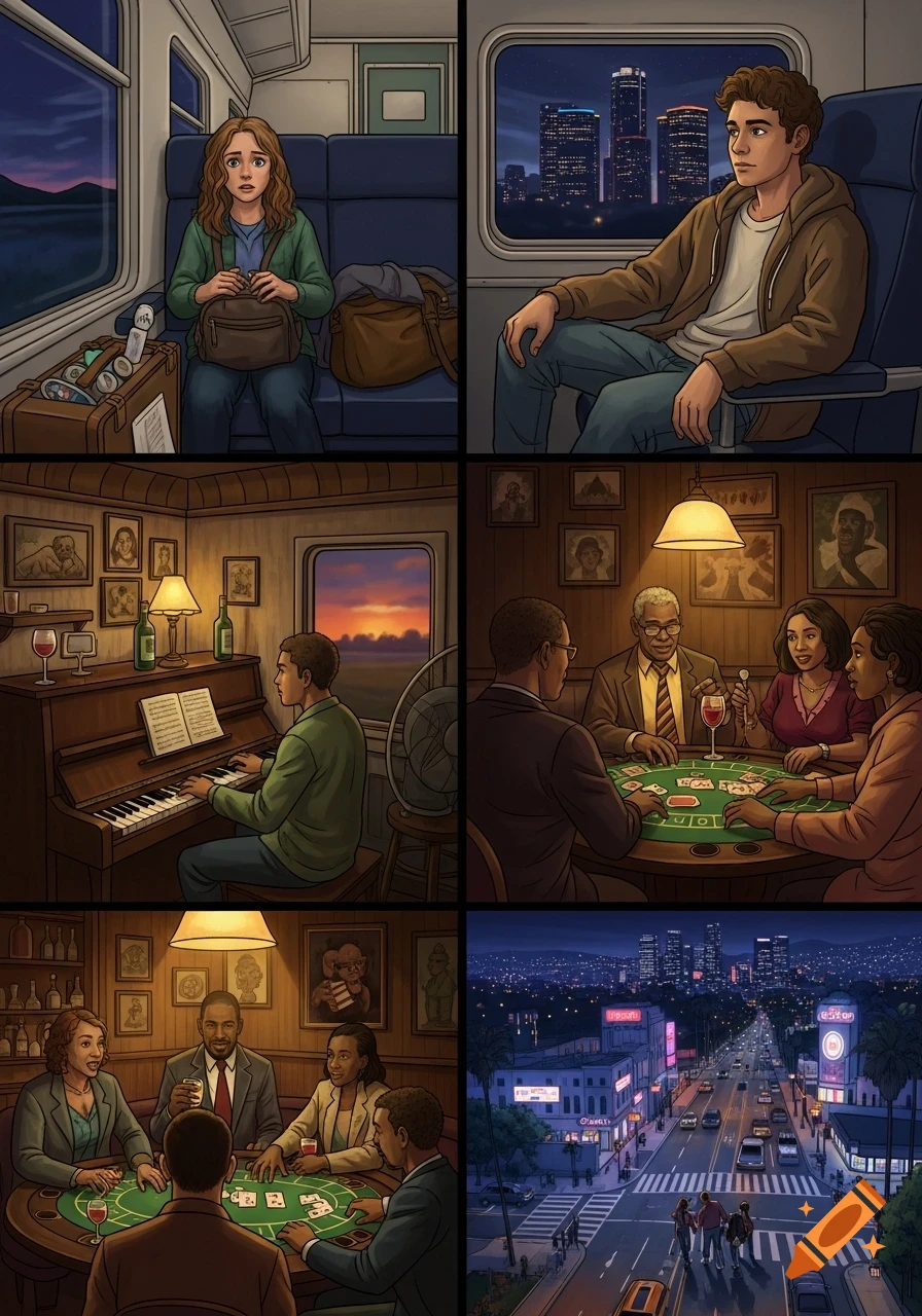 A six-panel comic illustration depicting scenes of travel, a man playing piano in a bar, people gambling in a casino, and a vibrant city street at night.