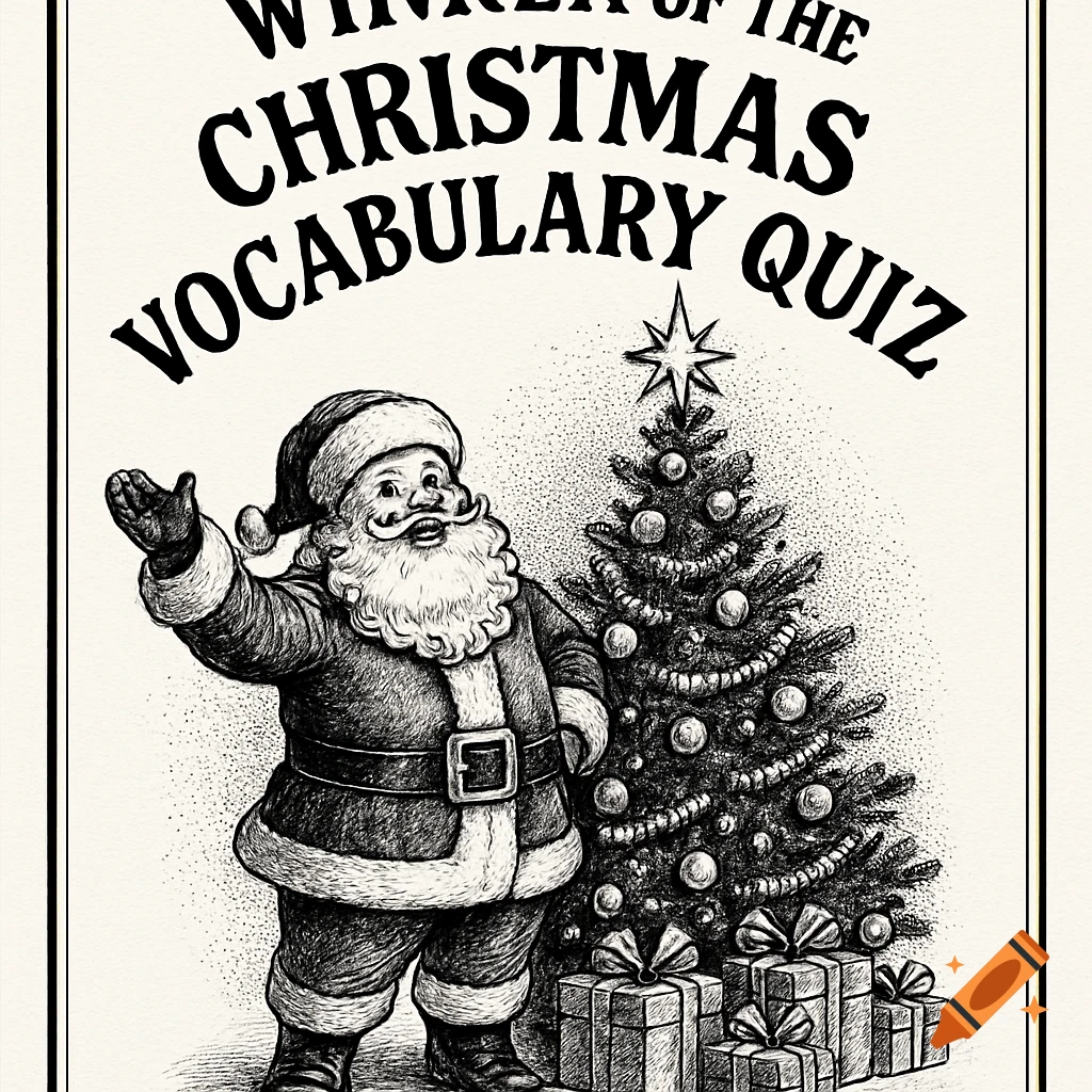 A black and white illustration of Santa Claus next to a Christmas tree and presents. Text above reads 'WINNER OF THE CHRISTMAS VOCABULARY QUIZ'.
