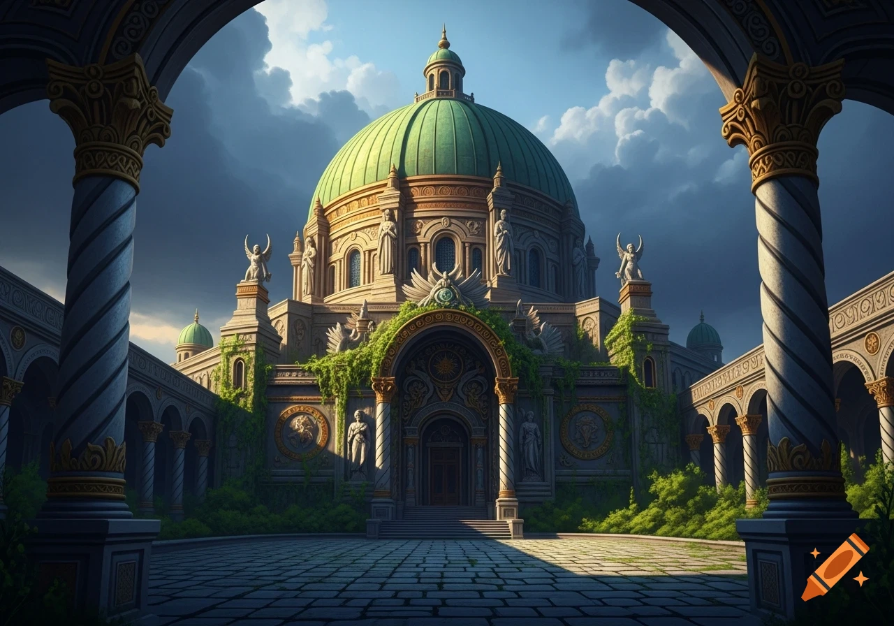 A grand temple with a green dome, intricate architecture, overgrown vines, and statues, seen through an arched walkway under a dramatic sky.