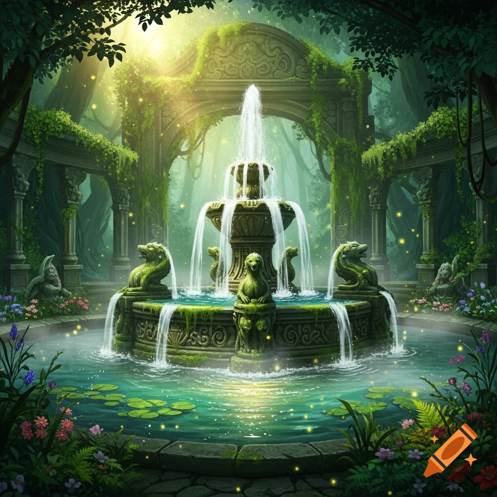 An ornate stone fountain surrounded by lush green foliage and ancient, vine-covered ruins in an ethereal, sunlit forest.