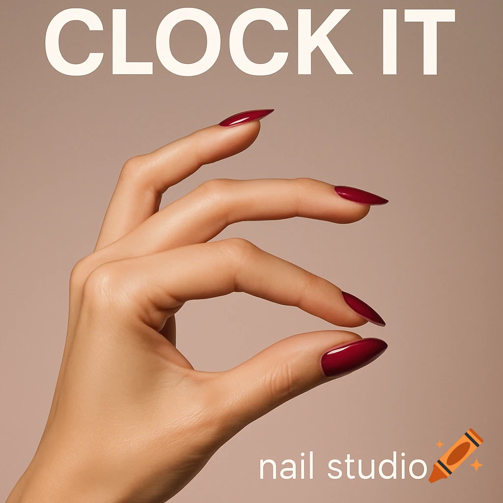 A well-manicured hand with long red nails making a pinching gesture, with 'CLOCK IT' and 'nail studio' text.